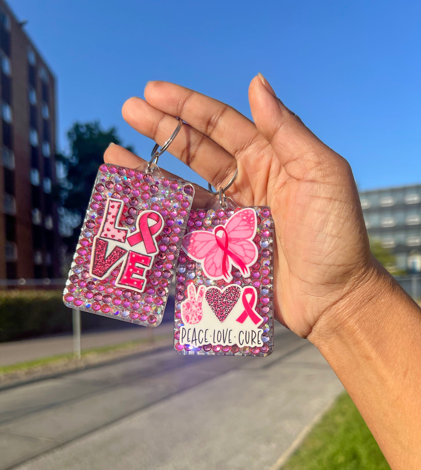 Pink Ribbon Awareness Bling Keychains