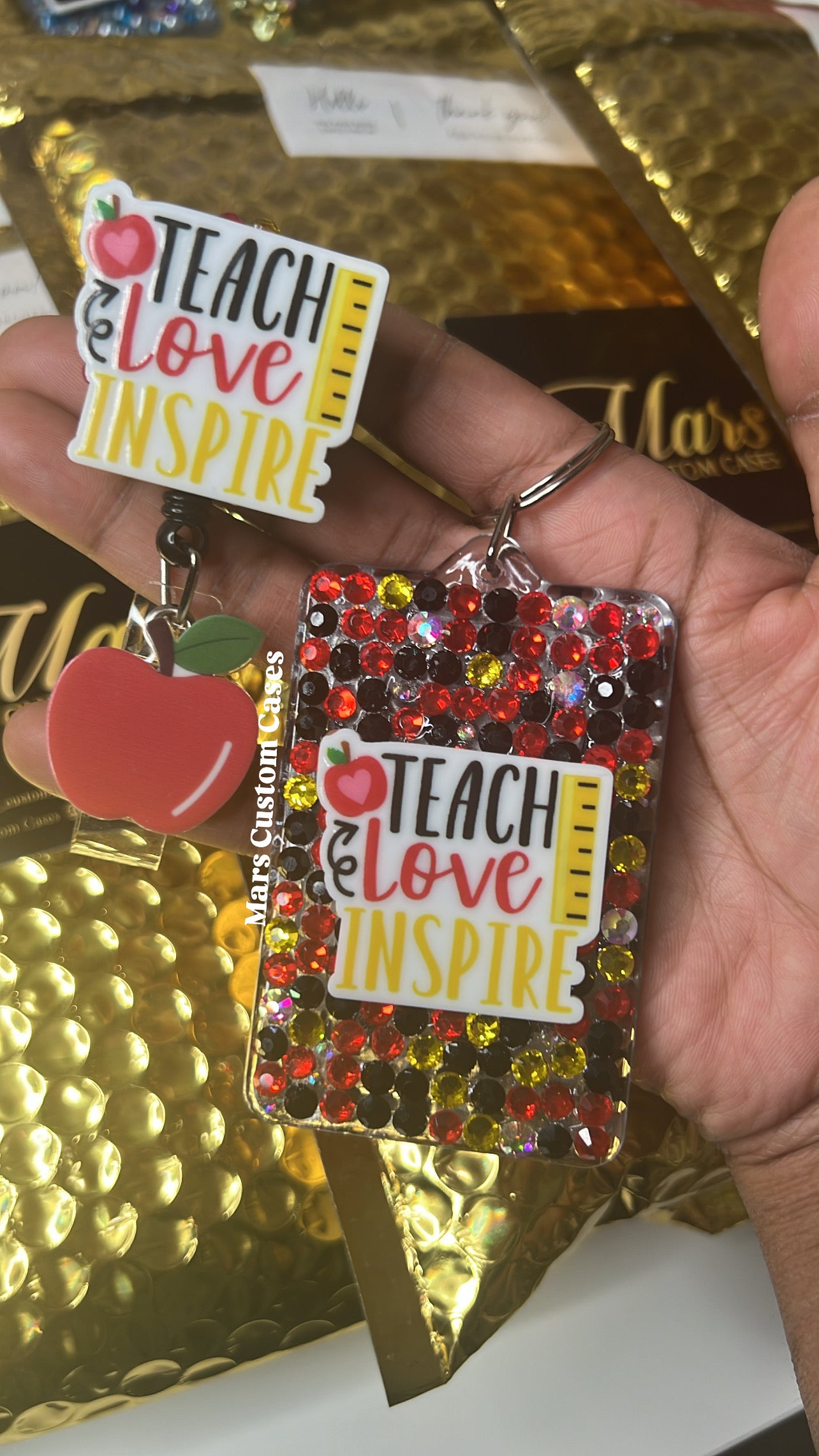 Teacher Double Sided Blinged Keychain w/ Id Badge Bundle