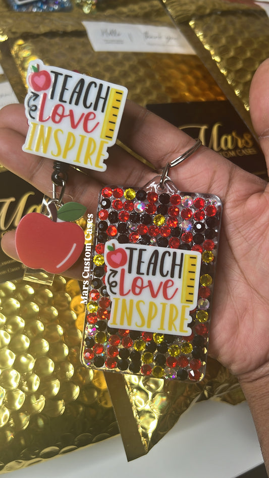 Teacher Double Sided Blinged Keychain w/ Id Badge Bundle